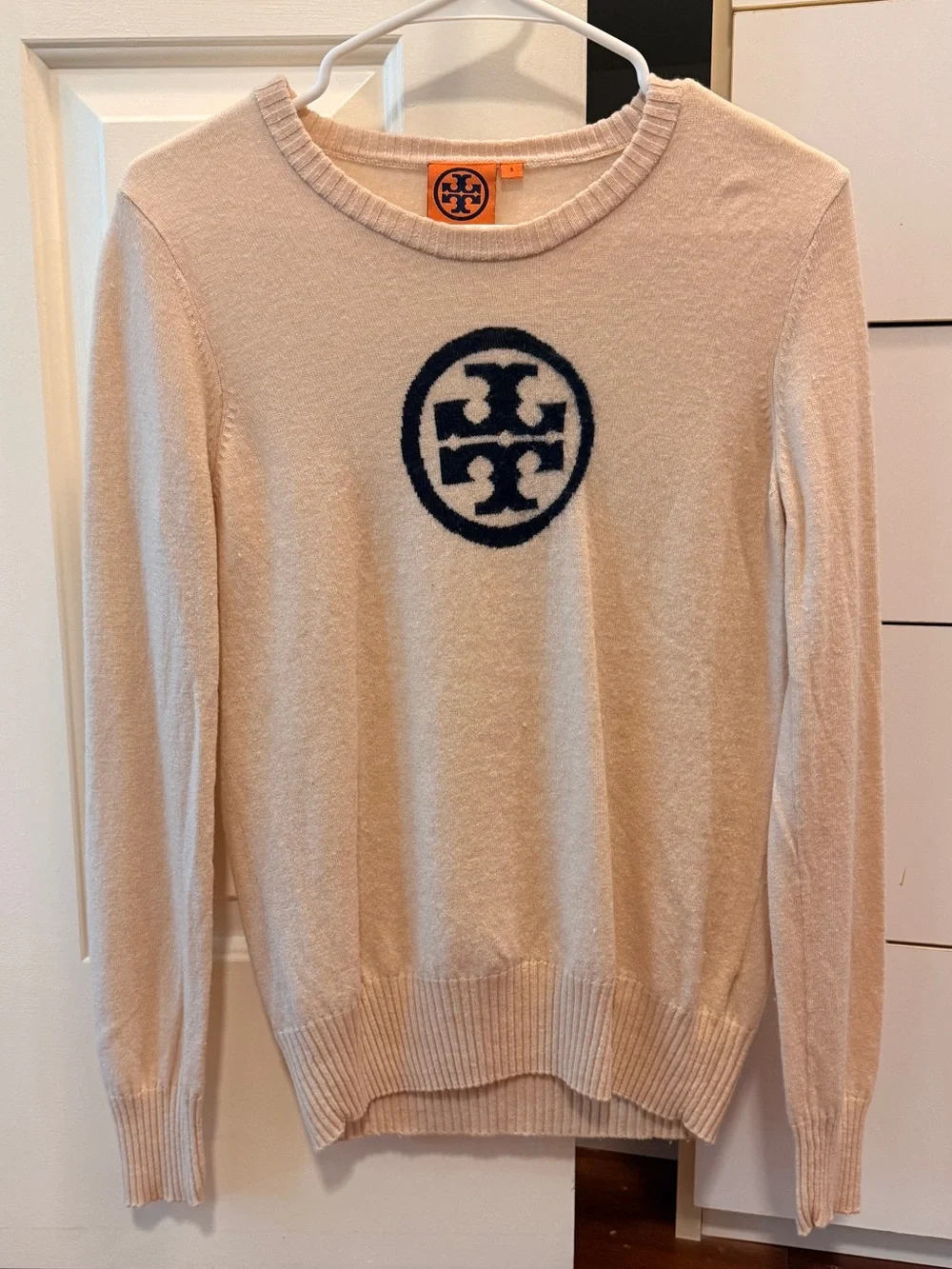 Tory Burch Cream Crewneck Sweater with Navy Logo